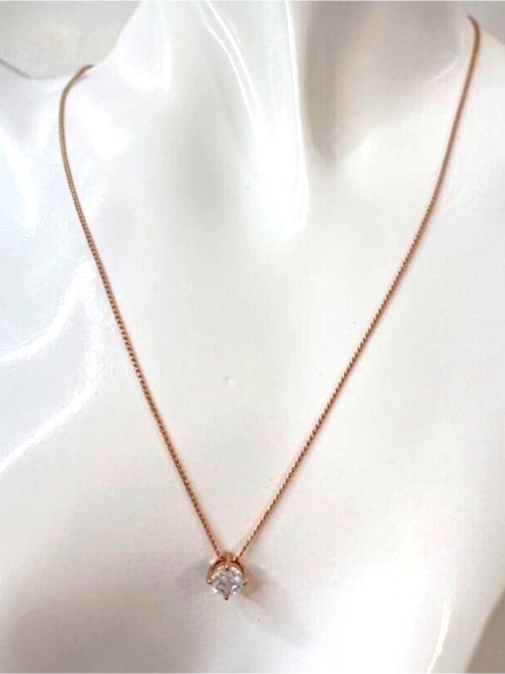 Pink Gold Tone Solitaire CZ Pendant Necklace 18” Delicate Minimalist Jewelry